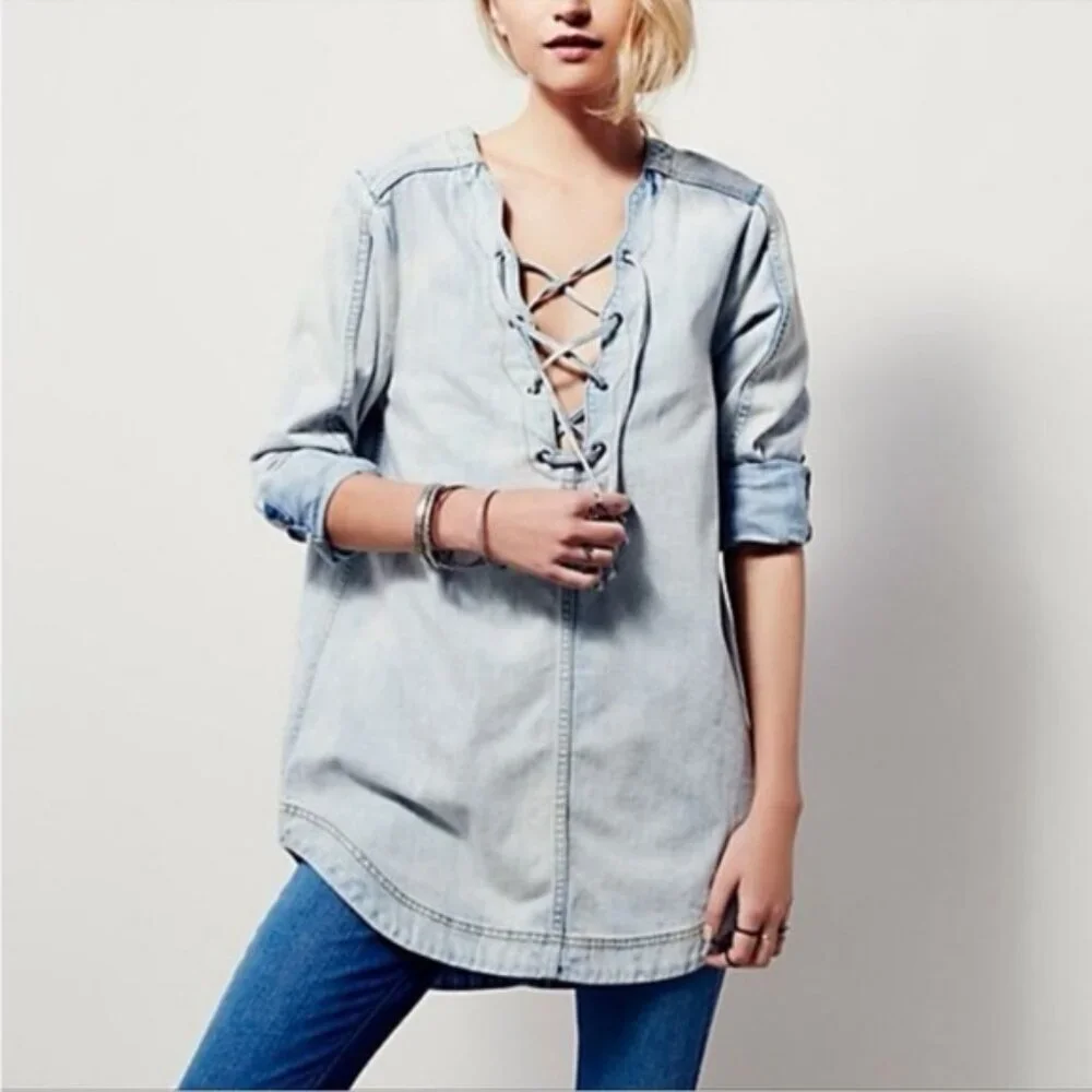 Free People Denim Pullover Neopolitan Dreams Blue Sky Surfer Hippie Lace‎ Up S/P